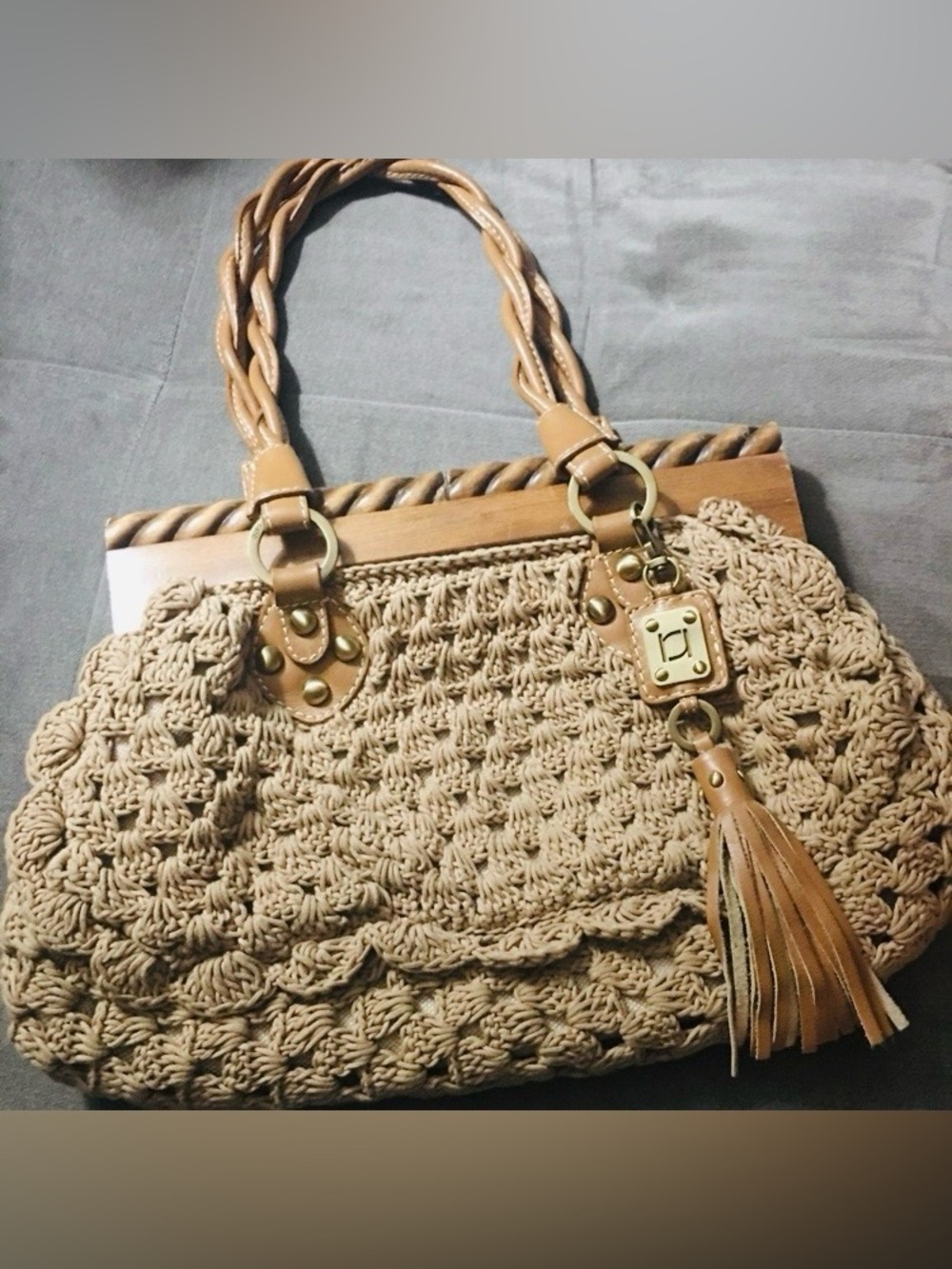 Rafe New York Designer Crochet Shoulderbag in Tan with Braided Handles & Tassel